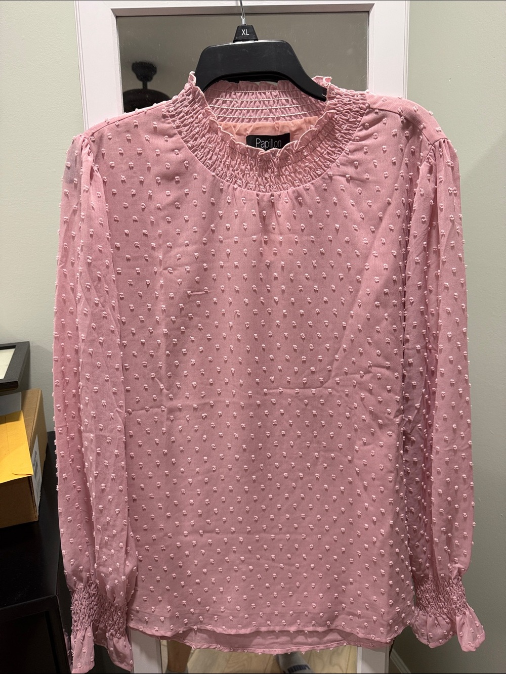 Papillon Blanc Light Pink Swiss Dot Smocked-Neck Blouse